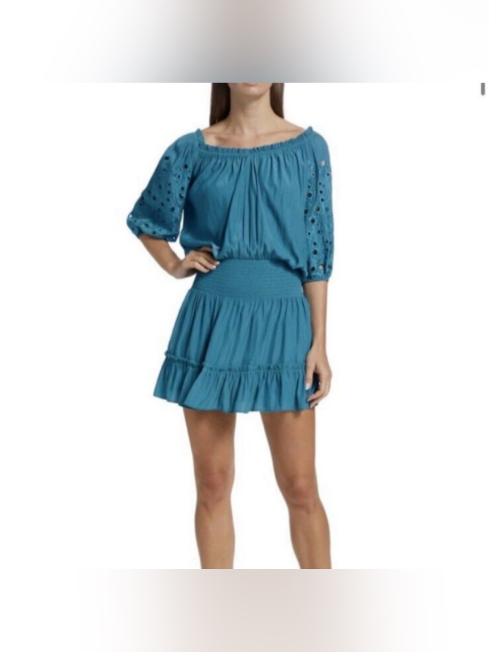Ramy Brook Yao Eyelet Sleeve Mini Dress Blue Tile Size Small EUC